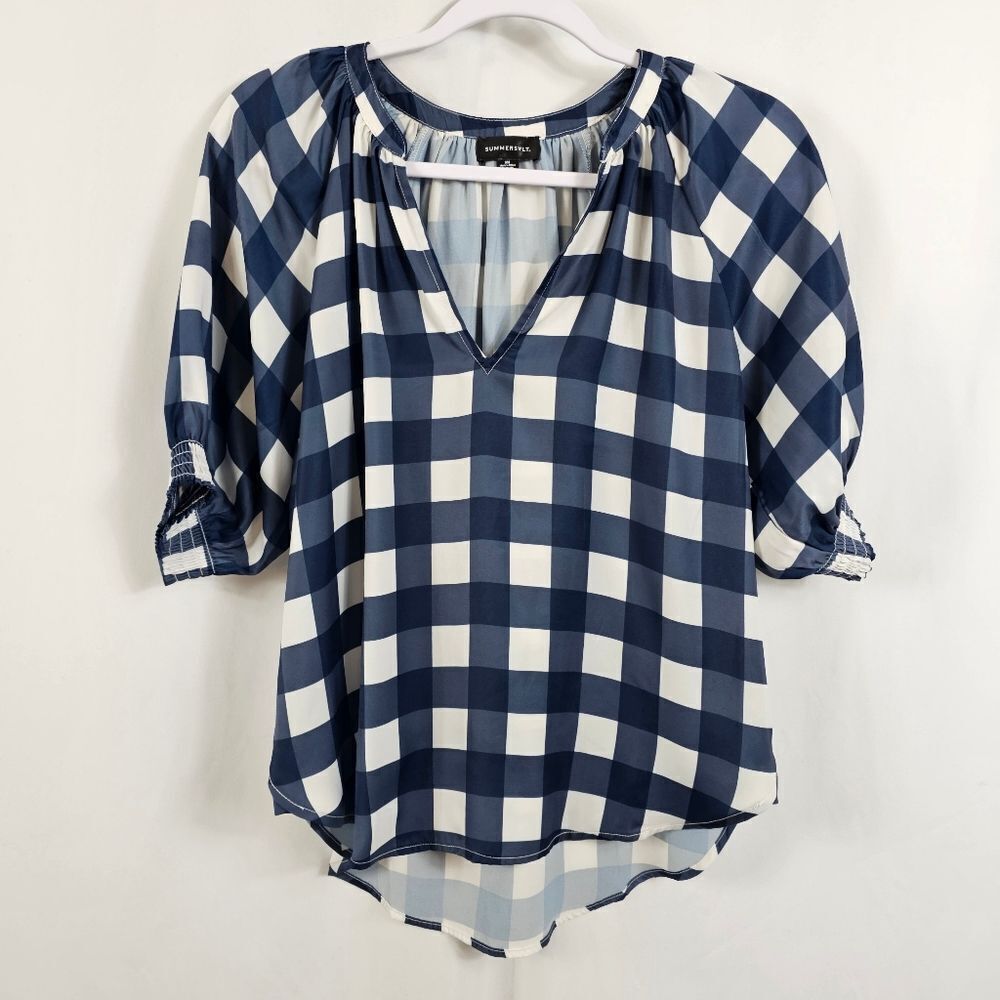 Summer Salt The Silky Raglan Top in Gingham Blue - Size S